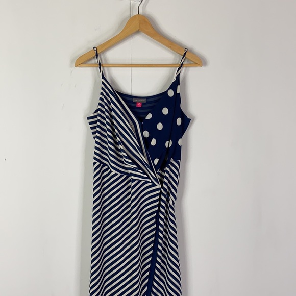 Vince Camuto Wrap Midi Dress in Navy/White; Polka Dot and Stripes - Picture 2 of 16